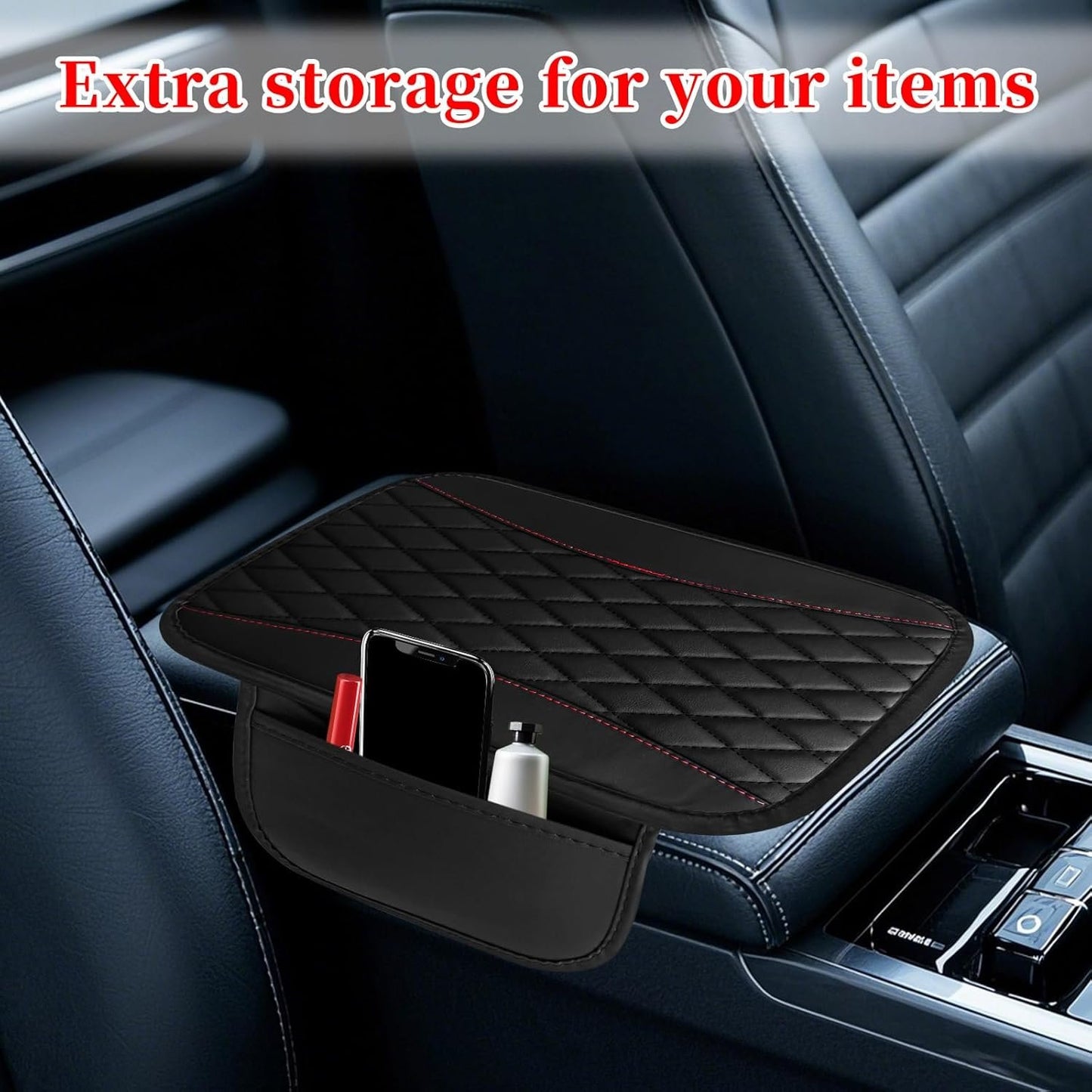 Car Center Console Cover Pad Leather Waterproof Cover Anti-Slip Armrest Seat Box Protector with 2 Storage Bags Car Interior Accessories Fits Most Vehicles SUV Truck (Black)