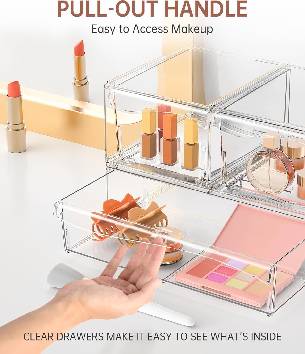 YIEZI 3 Pack Stackable Clear Drawer Organizer Bins Bathroom Organizers, Clear Plastic Storage Bins, Home Storage Organizer to Cosmetics, Makeup, Nail Art, Kitchen Under Sink Organization - Detachable