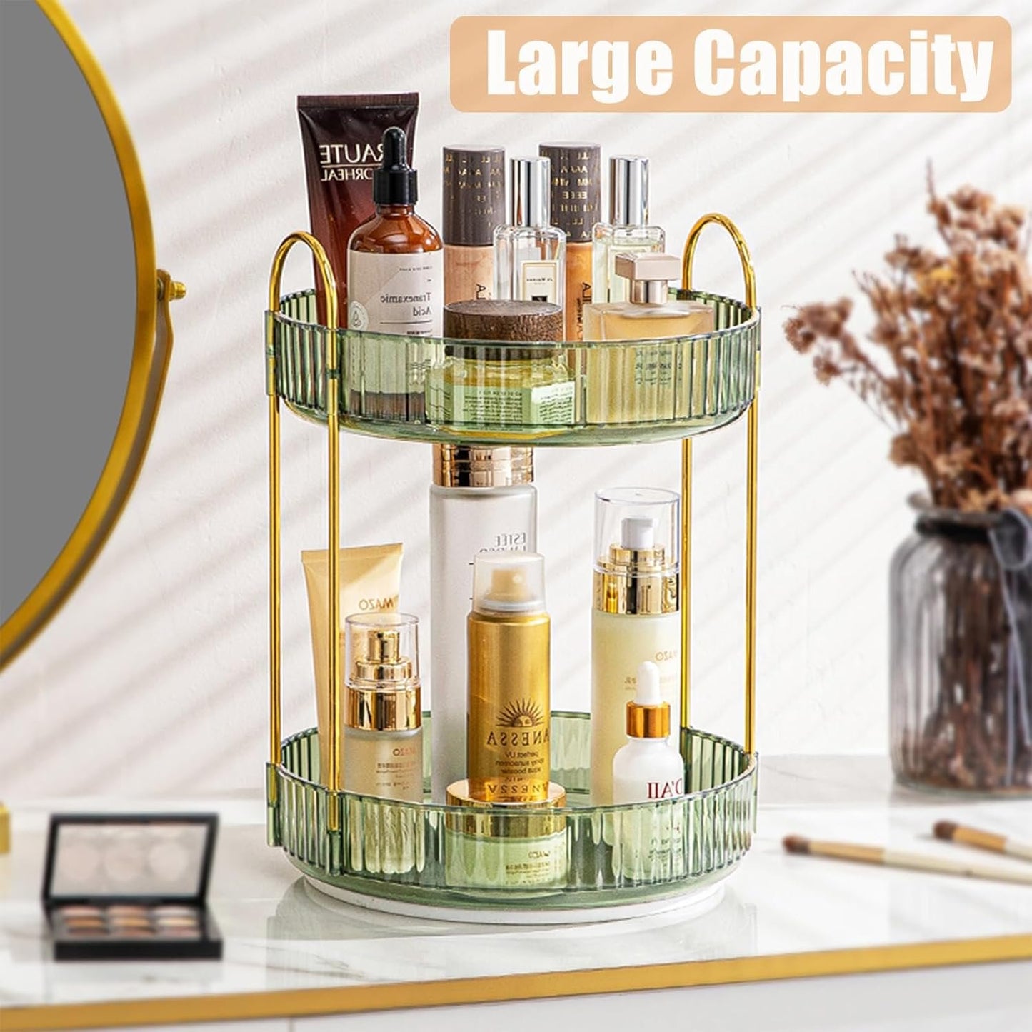 Rotating Makeup Organizer, 2 Tier Large Capacity Perfume Organizer Makeup Organizer, Cosmetic Organizer for Vanity Bathroom Bedroom, Green