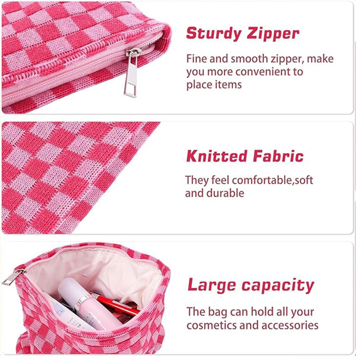 AIMALL 2PCS Checkered Makeup Bag for Purse - Portable Zipper Cosmetic Pouch, Small Travel Case for Accessories, 9.84in & 6.7in