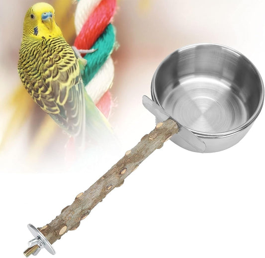 Wood Bird Perch with Bird Feeding Cups Stainless Steel Parrot Food Water Bowls Dish Feeder for Cockatiel Conure Budgies Parakeet [S] Feeding & Watering Supplies