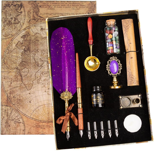 Joyeee Feather Calligraphy Dip Pens and Nibs, Stationery Paper, Pen Base, Spoon, Black Ink Bottle, Dip Pen Wooden for Writing Letters, Greeting Cards, Valentine’s Day Writing Drawing Lover