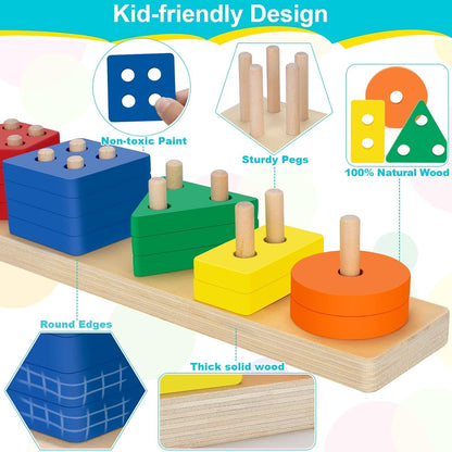 Aigybobo Learning Toys for 1+ Year Old, Baby Toy 12-18 Months, Wooden Sorting & Stacking Toys for Toddlers and Kids, Preschool Fine Motor Skill Toy, Ideal for Boys Girls Age 1 2 3 Years Old