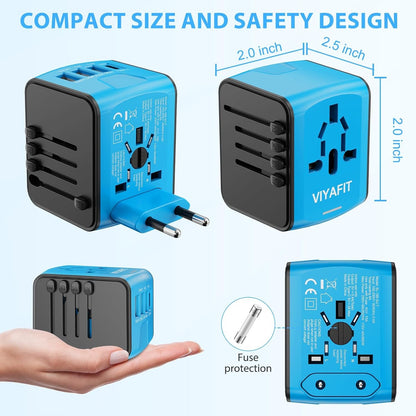 Universal International Travel Power Adapter, All in One Wall Charger with High Speed 2.4A 3xUSB, 3.0A Type-C, European Adapter, Worldwide AC Outlet Plugs for UK, EU, AU & Asia (Blue)