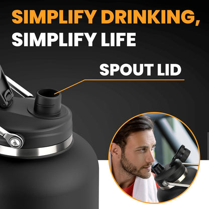 Luxgola 128 oz Insulated Water Bottle with Spout Lid and Handle, One Gallon Stainless Steel Large Double Vacuum Water Jug for Cold & Hot Drinks - Sweat Proof, Great for Travel, Gym, Camping - Black