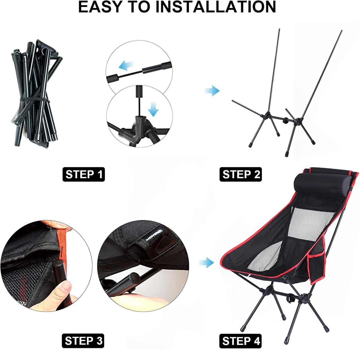 Petgin High Back Folding Camping Chair with Removable Pillow, Side Pocket,Heavy Duty for Hiking, Outdoor Camp, Backpacking, Festival, Travel, Beach, Picnic, Fishing