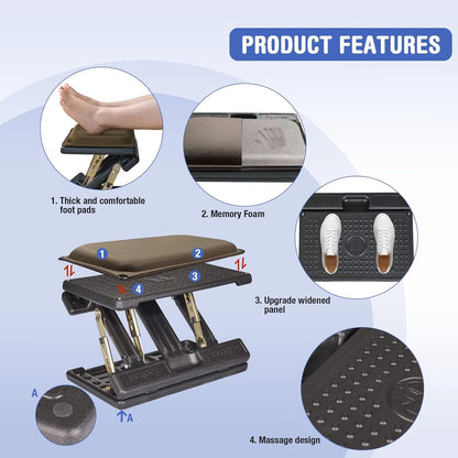 Leermart Foot Rest for Under Desk at Work 4-Level Height Adjustable, Lengthen Ergonomic Foldable Footrest for Office, Gaming,Computer, Soft & Removable Pad Desk Foot Stool for All Seasons (Brown Plus)