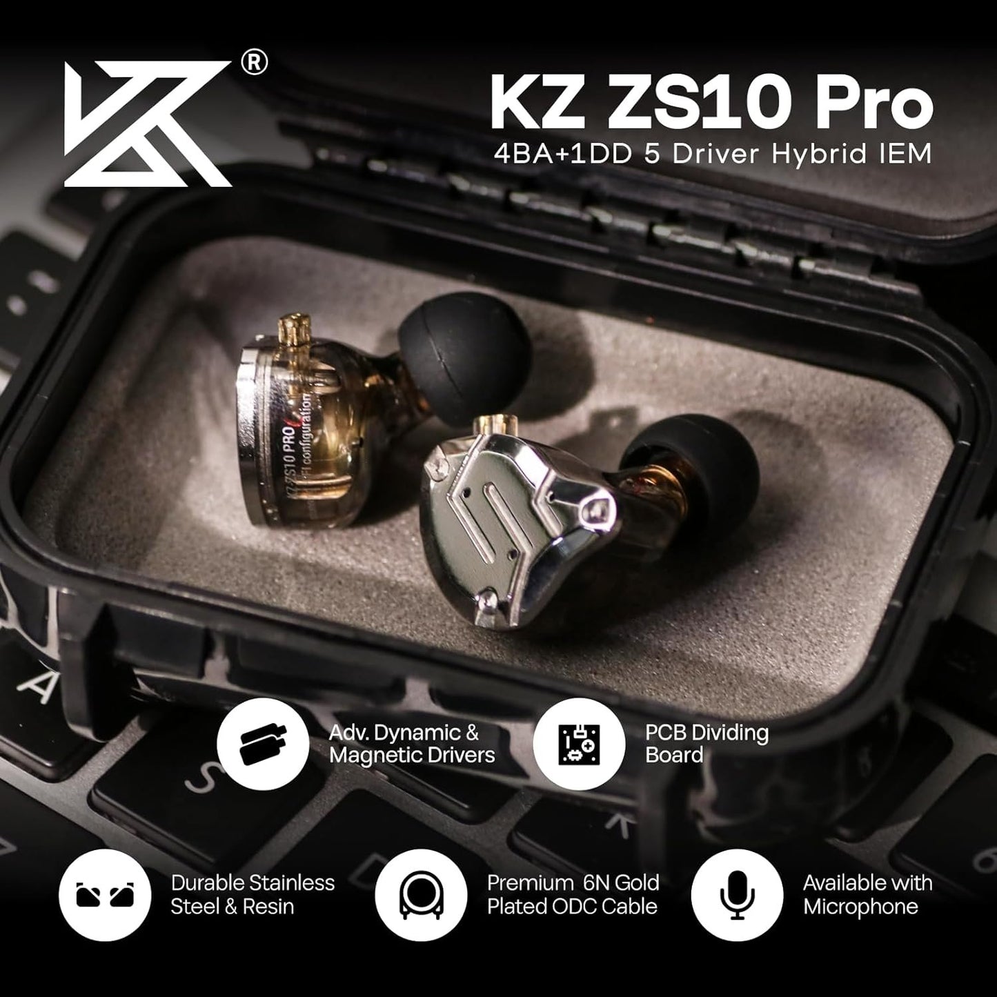 Linsoul KZ ZS10 Pro, 4BA+1DD 5 Driver in Ear Monitor, HiFi Wired Earbuds, Gaming Earbuds, Hybrid IEM Earphones with Stainless Steel Faceplate, Recessed 2 Pin Detachable Cable (Without Mic, Black)