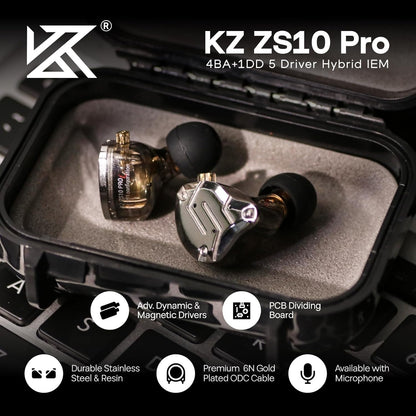 Linsoul KZ ZS10 Pro, 4BA+1DD 5 Driver in Ear Monitor, HiFi Wired Earbuds, Gaming Earbuds, Hybrid IEM Earphones with Stainless Steel Faceplate, Recessed 2 Pin Detachable Cable (Without Mic, Black)