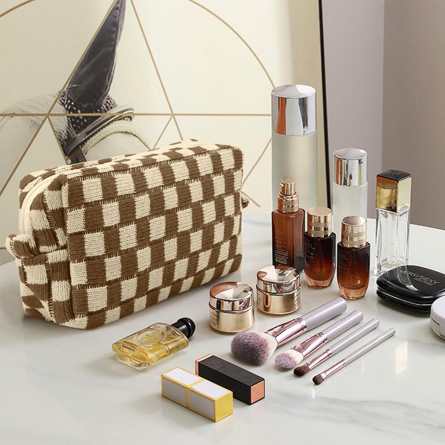 H HOME-MART 2 Pieces Checkered Makeup Bag Large Cosmetic Bag Capacity Canvas Mix Travel Toiletry Bag Organizer for Purse Portable Zipper Make Up Pouch Small Cosmetic Case