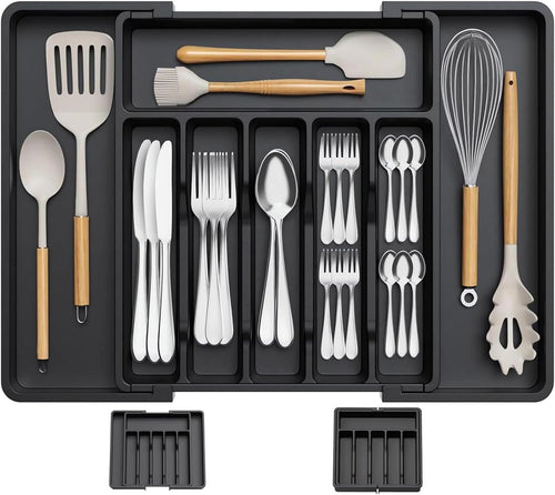 Expandable Cutlery Drawer Organizer, Flatware Utensil Tray for Kitchen, Adjustable Cutlery Storage for Forks, Knives, Multipurpose Kitchen Organizers (Black)