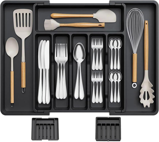 Expandable Cutlery Drawer Organizer, Flatware Utensil Tray for Kitchen, Adjustable Cutlery Storage for Forks, Knives, Multipurpose Kitchen Organizers (Black)