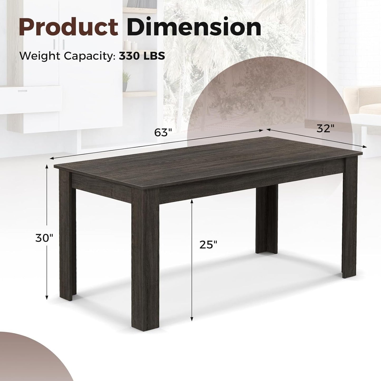 COSTWAY Dining Table for 4-6 People, 63” Rectangular Dining Room Table, Farmhouse Dinette Table with Large Computer Workstation, Modern Kitchen Table for Apartment, Living Room, Restaurant (Grey)