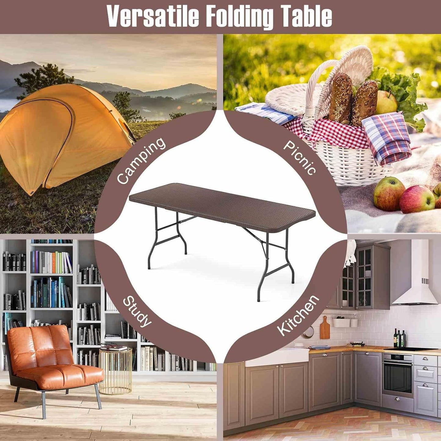 Costway 180cm Outdoor Portable Folding Table, 160kg Fold-in-Half Table w/HDPE Rattan-Like Tabletop, Safe Lock Mechanism, Patio Folding Dining Table w/Carrying Handle for Party, Picnic, Camping