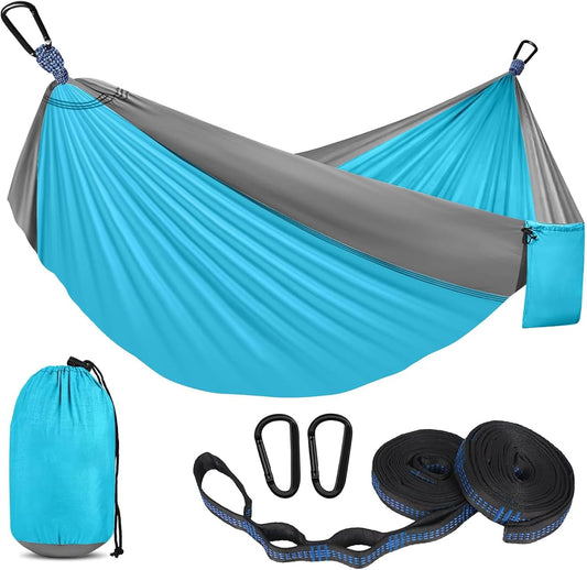 SOOPRNO Camping Hammock. Portable Double and Single Hammock with 2 Tree Straps and Attached Carry Bag. Camping Gear for Outdoor Hiking Camping Beach Backpacking Travel. (Blue & Grey)