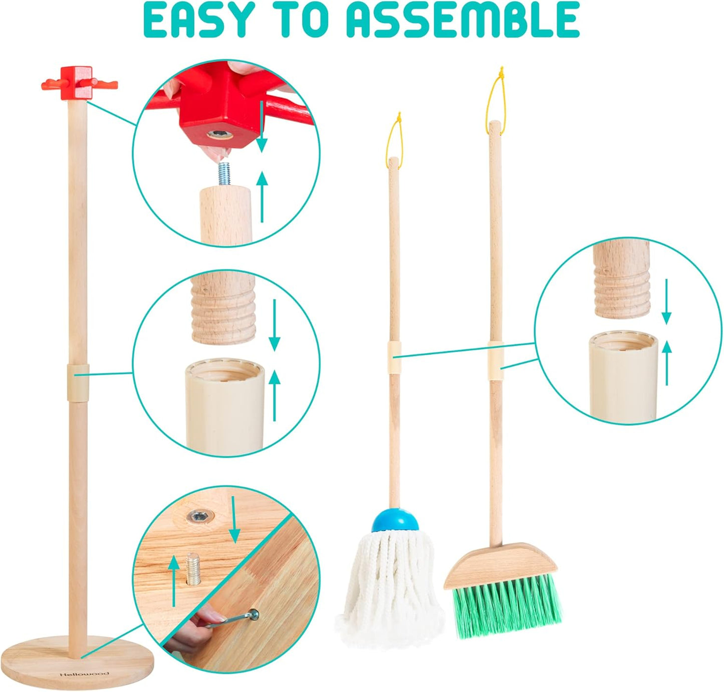 HELLOWOOD Kids Cleaning Set, 8 pcs Housekeeping Pretend Play Set Includes Broom Mop Duster Dustpan Brushes Rag and Organizing Stand, Cleaning Toys for Toddlers Girls Boys Age 3-6, Real Beech Wood