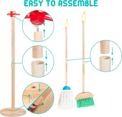 HELLOWOOD Kids Cleaning Set, 8 pcs Housekeeping Pretend Play Set Includes Broom Mop Duster Dustpan Brushes Rag and Organizing Stand, Cleaning Toys for Toddlers Girls Boys Age 3-6, Real Beech Wood