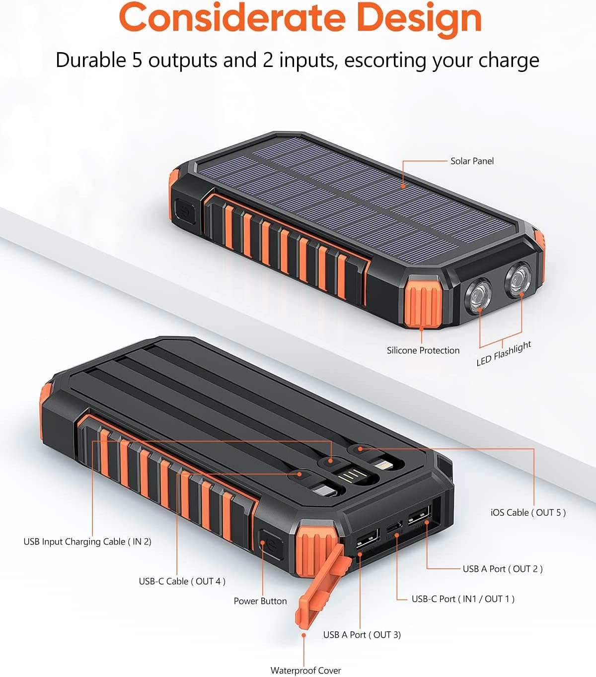 Riapow Solar Charger Power Bank - 27000mAh Portable Phone Charger with Built-in USB Cables 3.0A Fast Charge Battery Pack, 5 Outputs & 2 Inputs for Smartphone, Tablet