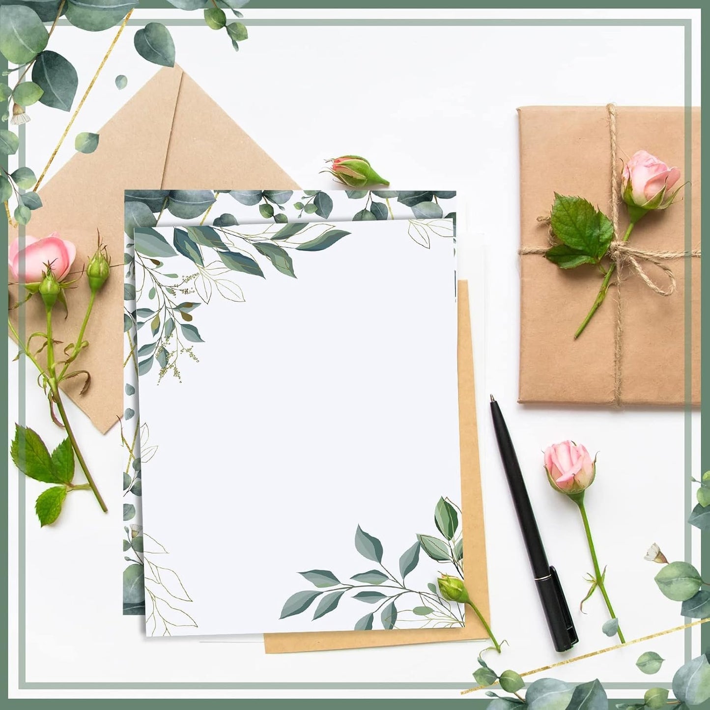Teling 48 Sheets Decorative Printer Paper Writing Scrapbook Wedding Program Paper 8.27 x 10.6 Inches Greenery Flower Border Writing for Drawing Office Thank Greeting Stationery Supplies(Eucalyptus)