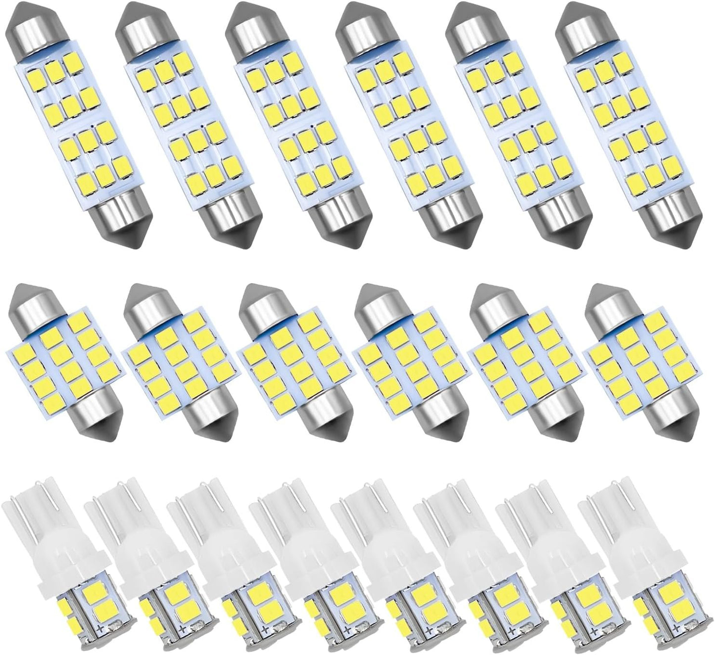 JUSTTOP 20 PCS Car LED Bulbs Set, T10 31mm 42mm Super Bright White 6500K LED Bulbs Kit, Vehicle Interior Replacement Lights for Dome Map Reading License Plate, Car Accessories (White)