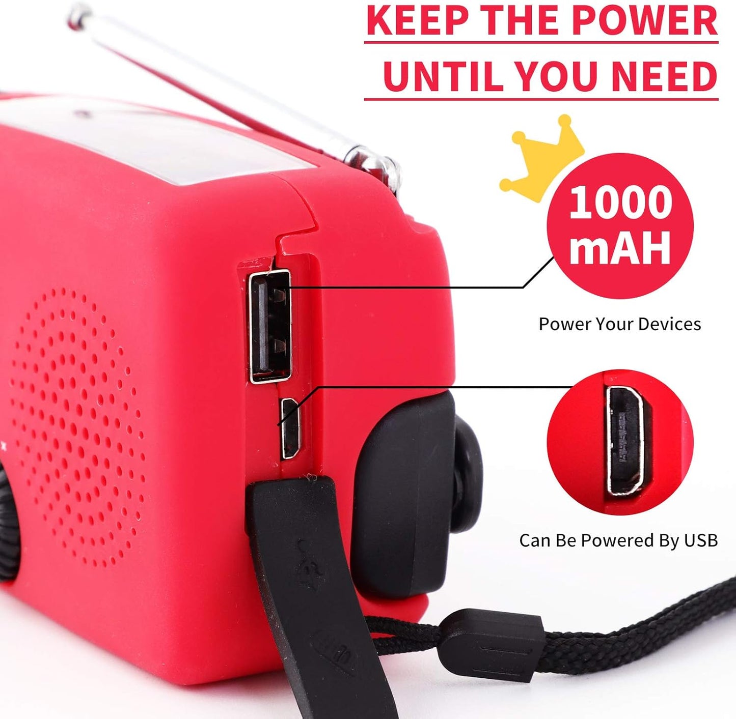 Great One Emergency Hand Crank Self Powered AM/FM NOAA Solar Weather Radio with LED Flashlight, 1000mAh Power Bank for iPhone/Smart Phone 088 red