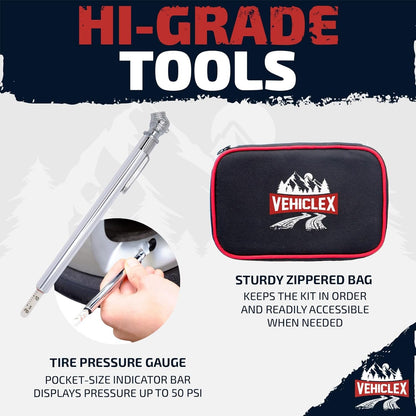 Vehiclex Tire Plug Kit with Aluminum Handled Tools, Plugs in Sturdy Zippered Bag - Emergency Kit for ATV, Car, Motorcycle, Truck
