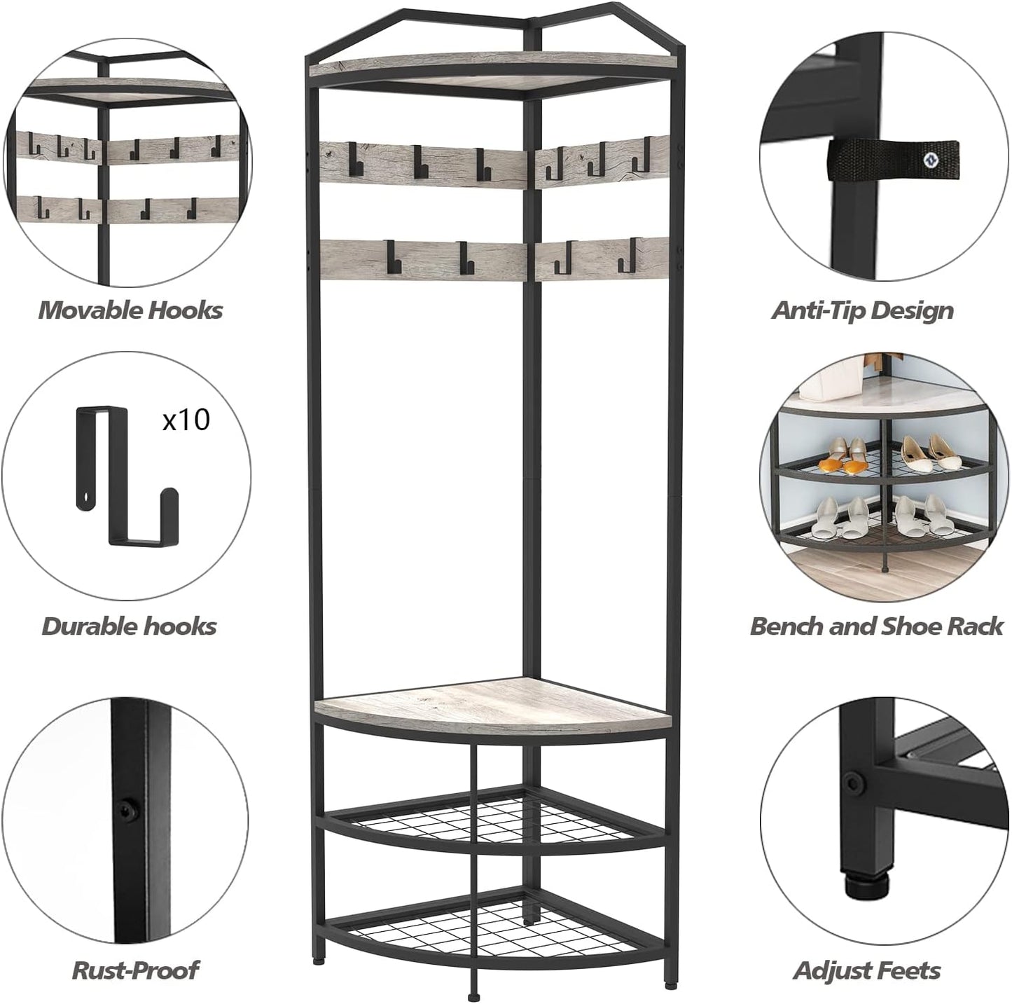VEDECASA Metal Corner Coat Rack with 12 Movable Hooks for Hallway Living Room Bedroom Office Hallway Entrance Grey