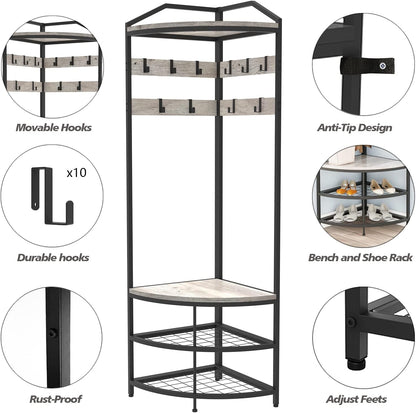 VEDECASA Metal Corner Coat Rack with 12 Movable Hooks for Hallway Living Room Bedroom Office Hallway Entrance Grey