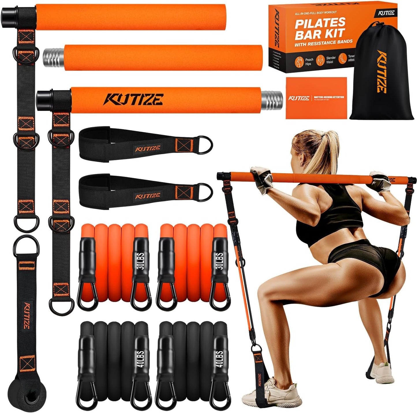 Pilates Bar Kit with Resistance Bands, Portable Pilates Equipment for Legs, Hip, Waist, Arm, Squats Exercise Equipment for Home Gym Workouts, Adjustable Pilates Bar Set for Full Body Workouts