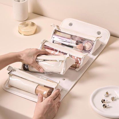 Toiletry Roll Up Travel Bag | Large Capacity Leather Waterproof Cosmetic and Makeup Bag | Open Flat 4 Detachable Clear Compartment Portable Toiletry Bag Pouch with Handle for Accessories, white,