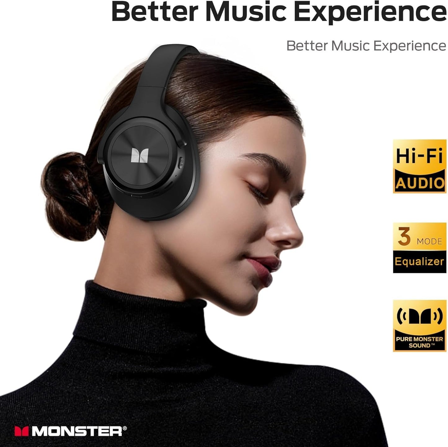 Monster Mission 200 Bluetooth Headphones, Wireless Headphones with 3 EQ Modes, Low Latency HiFi Stereo Foldable Lightweight Headset, 60H Playtime,Deep Bass for Home Office Cellphone PC Ect