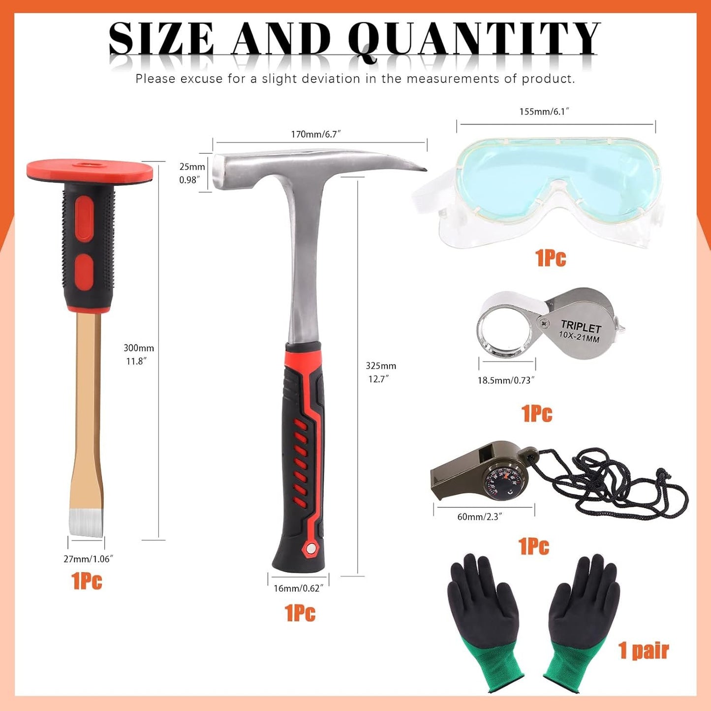 Tanstic 6Pcs Geology Rock Hammer and Chisel Kit, 30oz Hammer & 12" Digging Chisel, Whistle, Safety Glasses, Jewelers Loupe and Gloves, Rock Hounding Equipment Set for Rock Hounding Stone Breaking