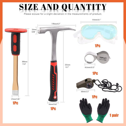 Tanstic 6Pcs Geology Rock Hammer and Chisel Kit, 30oz Hammer & 12" Digging Chisel, Whistle, Safety Glasses, Jewelers Loupe and Gloves, Rock Hounding Equipment Set for Rock Hounding Stone Breaking