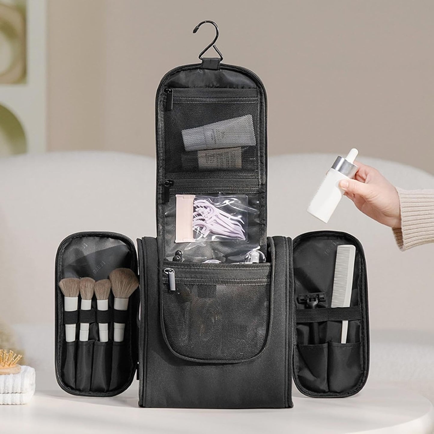 Toiletry Travel Bag, Waterproof Makeup Organizer, Spacious Cosmetic Case, Unisex Travel Pouch, Multi Compartment Storage, Portable Hygiene Kit, Sturdy Polyester Design, 9.45 Inches