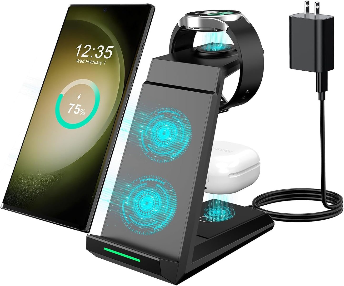 Wireless Charging Station for Samsung Devices, ADADPU 3 in 1 Charger Statnd for Galaxy S25 S24 S23 Ultra S22 S21 Z Flip Fold 4, Fast Charger Dock for Galaxy Watch 6/5/4/3/Pro, Buds