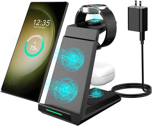 Wireless Charging Station for Samsung Devices, ADADPU 3 in 1 Charger Statnd for Galaxy S25 S24 S23 Ultra S22 S21 Z Flip Fold 4, Fast Charger Dock for Galaxy Watch 6/5/4/3/Pro, Buds