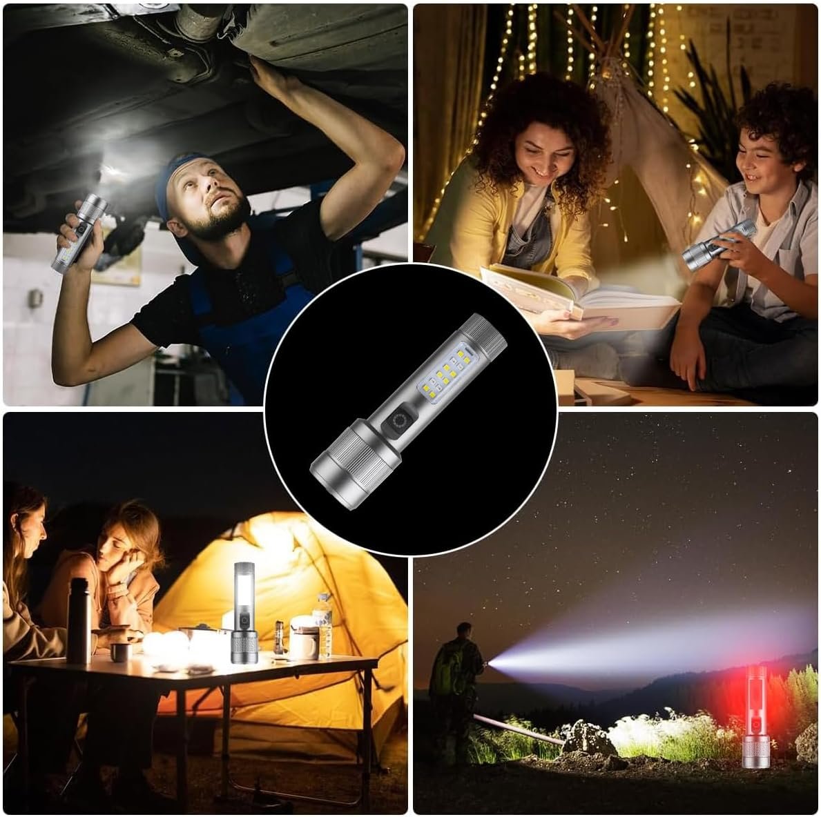 Small Rechargeable Flashlight with Main and Side Lights, Full Aluminum Alloy Body, Built-in Battery, Up to 200m Illumination - Ideal for Hiking, Patrolling, Camping & Emergencies