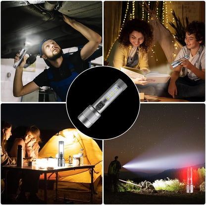 Small Rechargeable Flashlight with Main and Side Lights, Full Aluminum Alloy Body, Built-in Battery, Up to 200m Illumination - Ideal for Hiking, Patrolling, Camping & Emergencies
