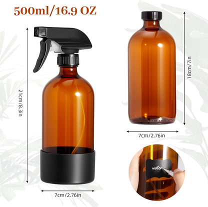 Kuleyng 500ml Amber Glass Spray Bottles – Pack of 4 | Refillable Empty Sprayers with Adjustable Nozzle for Cleaning, Plants, Essential Oils & Hair Care | UV Protection for Sensitive Liquids
