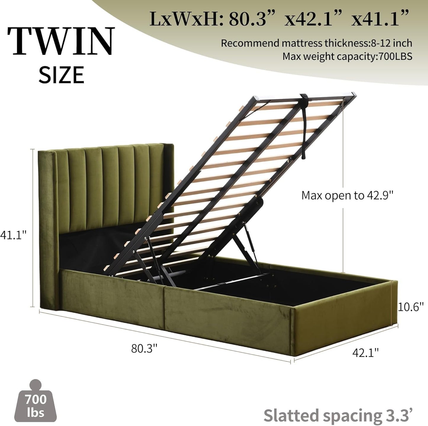 YUHUASHI Twin Size Hydraulic Storage Bed, Upholstered Platform Bed Frame, Modern Wingback Design Headboard, Velvet Fabric with Hydraulic Support Bars, No Box Spring Required (Grass Green, Twin)