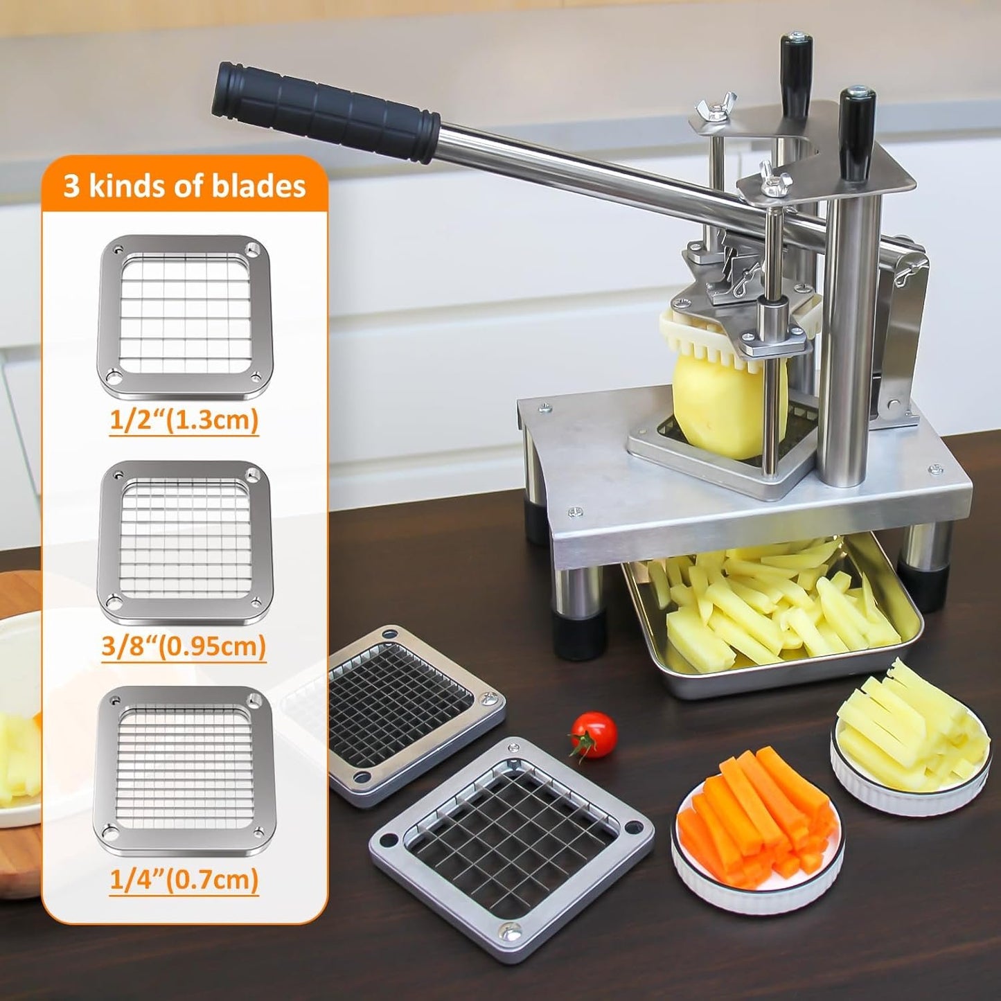 Commercial French Fry Cutter,Stainless Steel French Fries Machine,Heavy Cutter Vegetable Chopper,with 3 Replacement (1/2 Inch, 3/8 Inch and 1/4 Inch Blades),for Restaurants and Home,for Potato,Onion