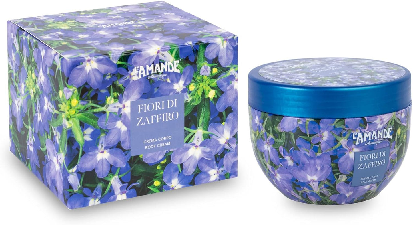 L'AMANDE - Scented Body Cream with Hyaluronic Acid, Green Tea and Vitamin E Antioxidant - Body Cream Moisturizing Dry Skin Elastic, Fresh and Bright Anti-Aging Effect - Sapphire Flowers, 300 ml