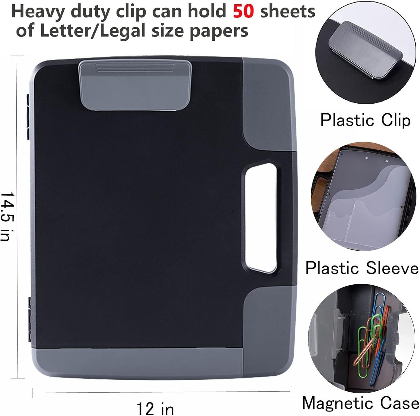 Tradetop Heavy Duty Clipboard With Storage Case, Portable Handle, Side-Opening Box, Letter/Legal Size, 14.5"x12"x1.75", Office Stationery