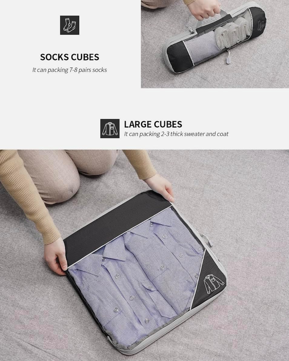 Travel packing cube set of 6 compression packing cubes, large lightweight nylon material upgrade your travel packing with BAWGBAGS Space-Saving, durable, and organized cubes. (Black)