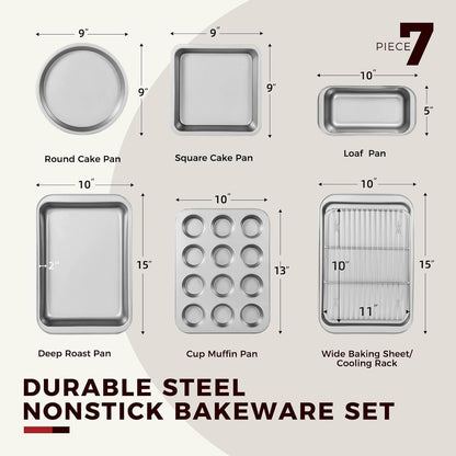 KITESSENSU Baking Pans Sets, Nonstick Bakeware Set 7-Piece with Round/Square Cake Pan, Loaf Pan, Muffin Pan, Cookie Sheet, Roast Pan, Cooling Rack, Carbon Steel Bake Set Silver