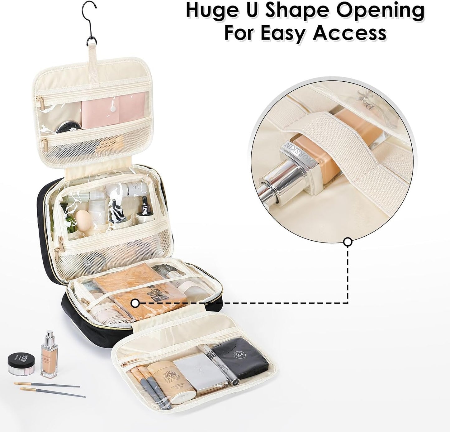 MDODO Hanging Travel Toiletry Bag for Women Traveling with Leakproof Compartment,Transparent Makeup Organizer Cosmetic Make up Bag for Full Sized Travel Accessories Essentials Must Have (Black)