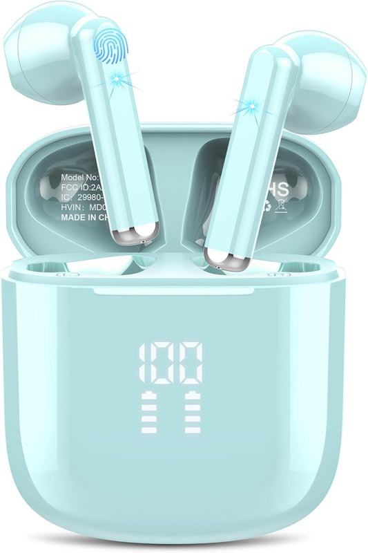 OYIB Wireless Earbuds, 2025 Mini Bluetooth 5.3 Headphones HD Stereo Audio, ENC Noise Cancelling Mic Wireless Earphones 25H Playtime, IPX7 Waterproof, Touch Control in Ear Wireless Headphone Sky Blue