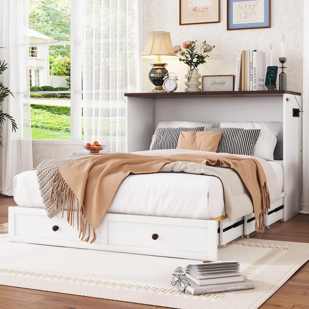 Zubaliya 140 x 200 Folding Bed with Slatted Base, Bed Frame Chest of Drawers and Shelf, USB Socket and Socket, Convertible Platform Bed, No Mattress