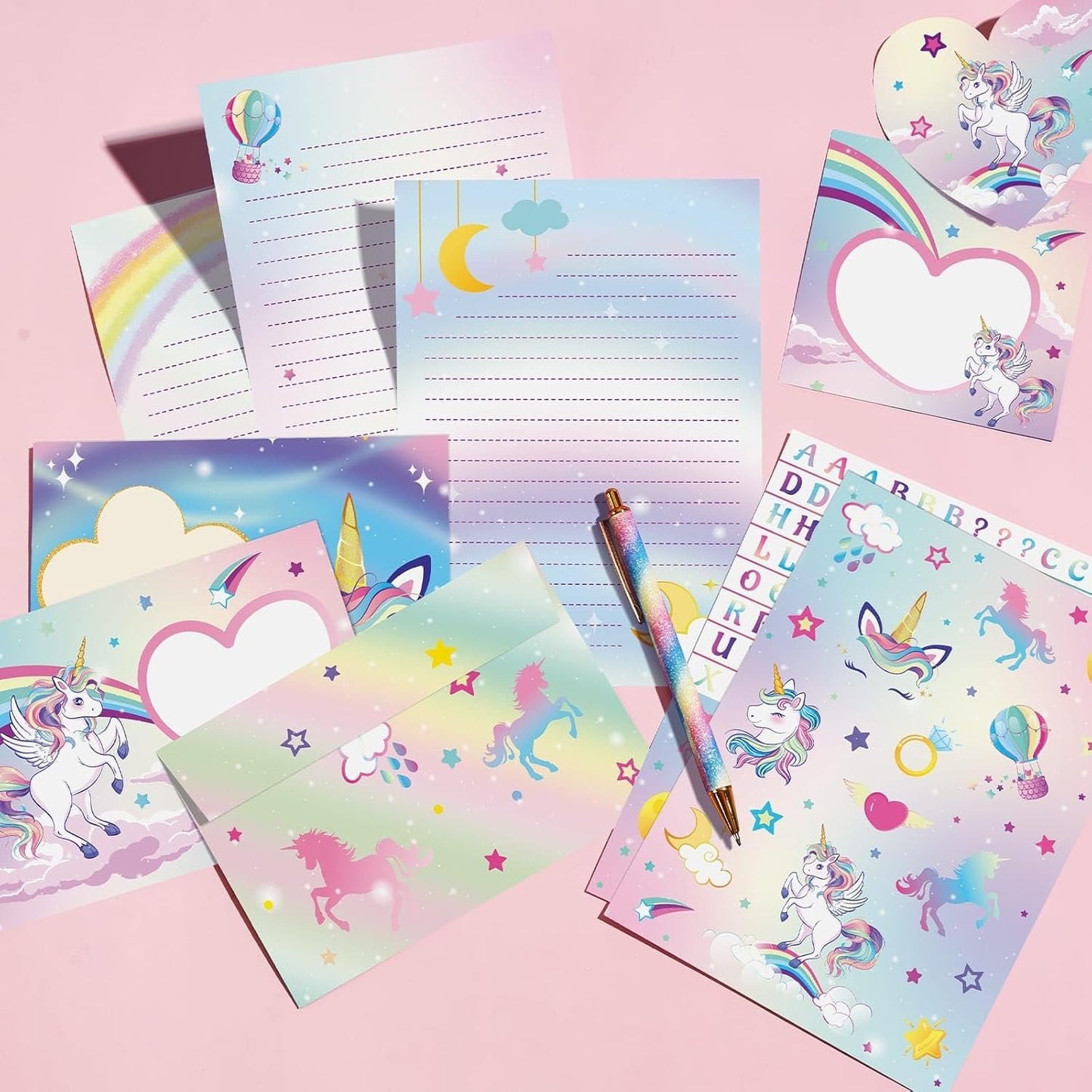 WERNNSAI Kids Stationery Set - 69 PCS Unicorn Girls Stationery Set Teens Pink Paper Letter Writing Set Stationery Writing Sheets with Envelopes Greeting Cards School Girls Unicorn Gift Set