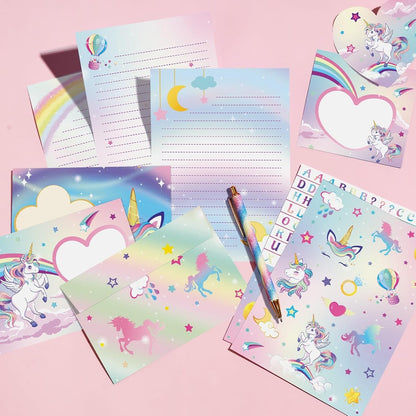 WERNNSAI Kids Stationery Set - 69 PCS Unicorn Girls Stationery Set Teens Pink Paper Letter Writing Set Stationery Writing Sheets with Envelopes Greeting Cards School Girls Unicorn Gift Set